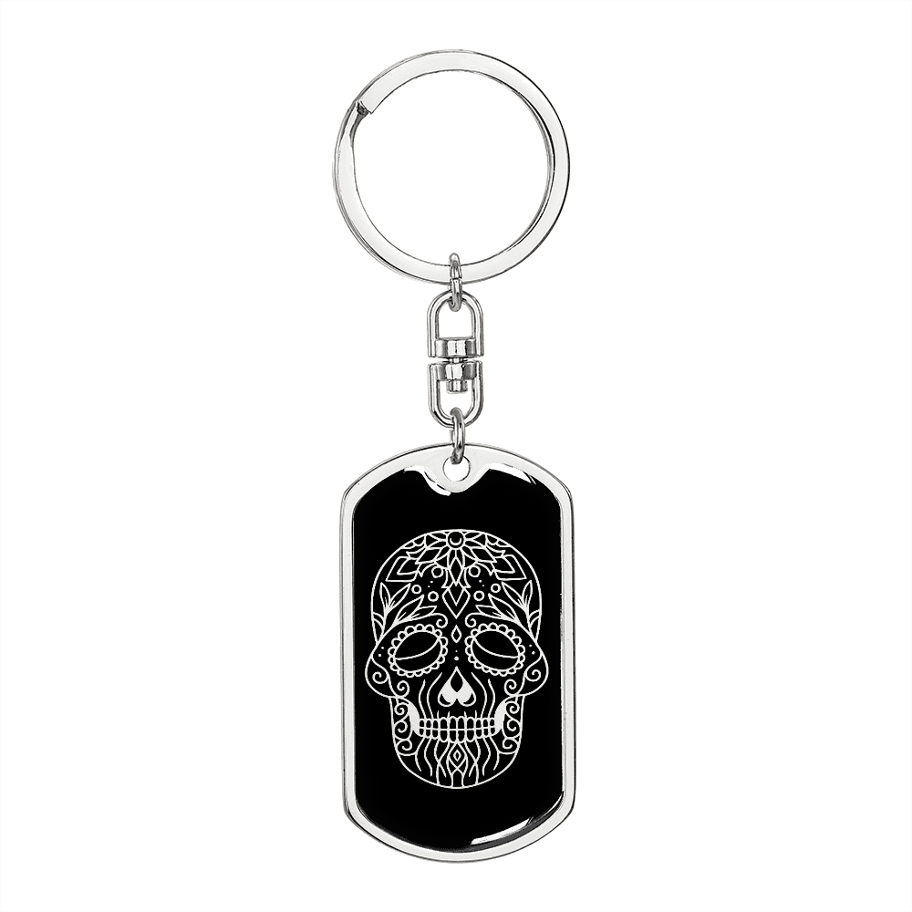 Calavera Mexican Sugar Skull 123 Keychain Stainless Steel or 18k Gold Dog Tag Keyring-Express Your Love Gifts