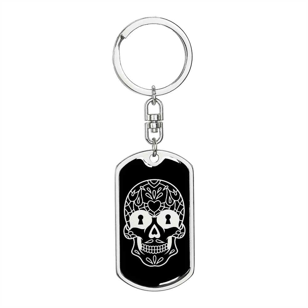 Calavera Mexican Sugar Skull 124 Keychain Stainless Steel or 18k Gold Dog Tag Keyring-Express Your Love Gifts