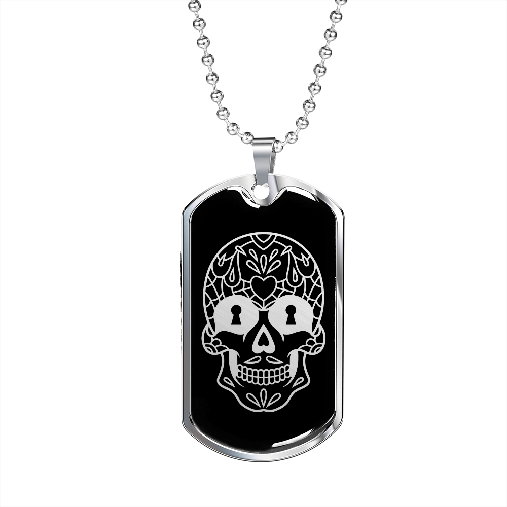Calavera Mexican Sugar Skull 124 Necklace Stainless Steel or 18k Gold Dog Tag 24" Chain-Express Your Love Gifts