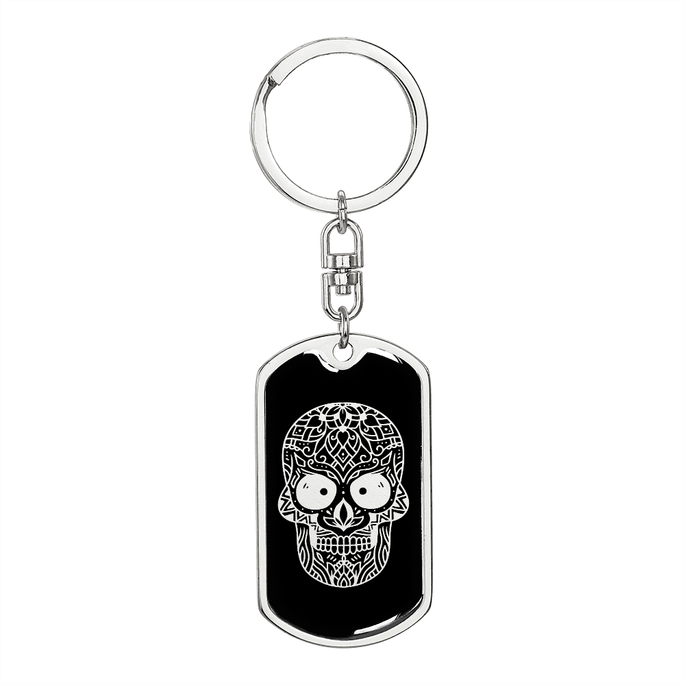 Calavera Mexican Sugar Skull 125 Keychain Stainless Steel or 18k Gold Dog Tag Keyring-Express Your Love Gifts