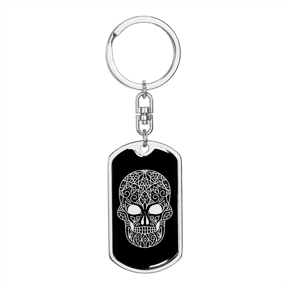 Calavera Mexican Sugar Skull 126 Keychain Stainless Steel or 18k Gold Dog Tag Keyring-Express Your Love Gifts