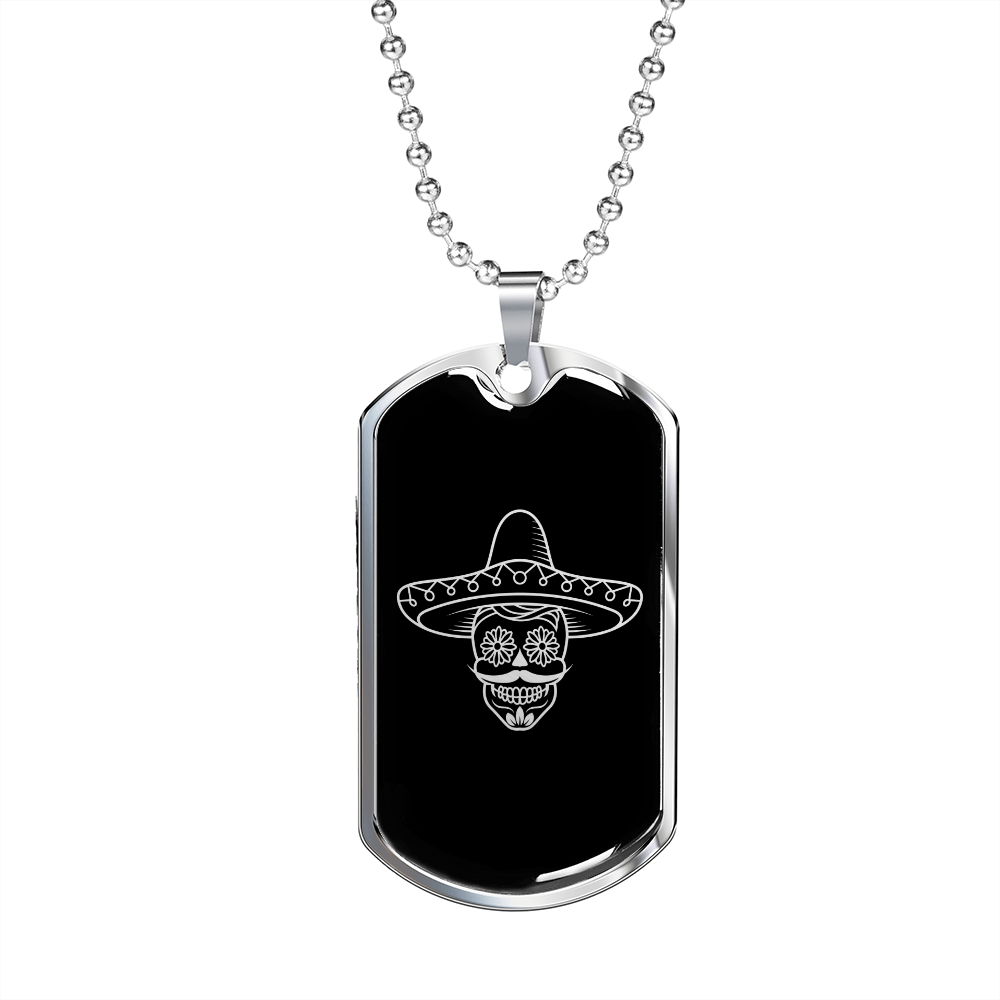 Calavera Mexican Sugar Skull 13 Necklace Stainless Steel or 18k Gold Dog Tag 24" Chain-Express Your Love Gifts