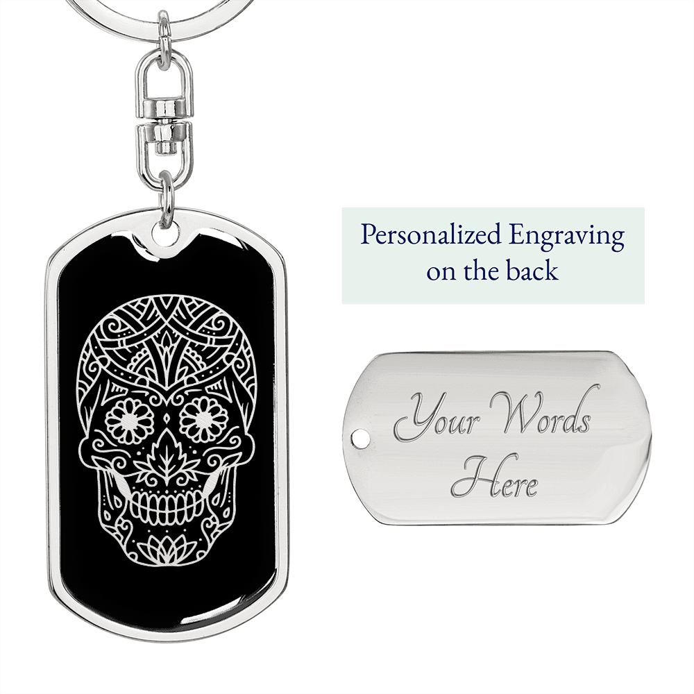 Calavera Mexican Sugar Skull 131 Keychain Stainless Steel or 18k Gold Dog Tag Keyring-Express Your Love Gifts