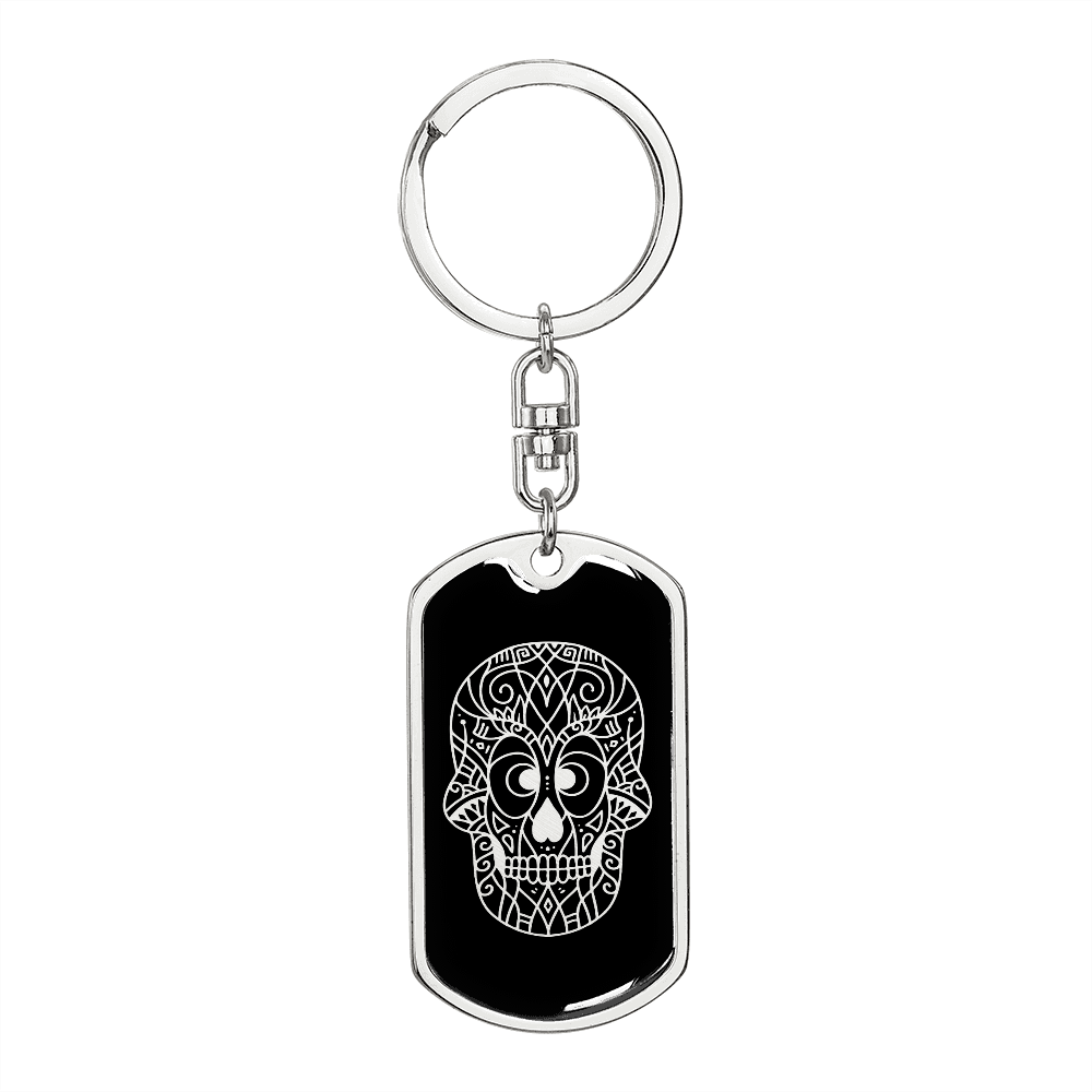 Calavera Mexican Sugar Skull 132 Keychain Stainless Steel or 18k Gold Dog Tag Keyring-Express Your Love Gifts
