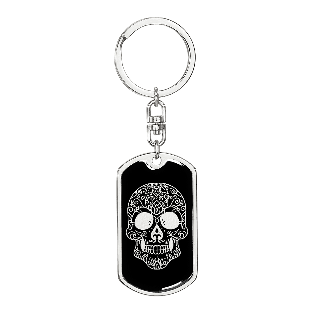 Calavera Mexican Sugar Skull 133 Keychain Stainless Steel or 18k Gold Dog Tag Keyring-Express Your Love Gifts