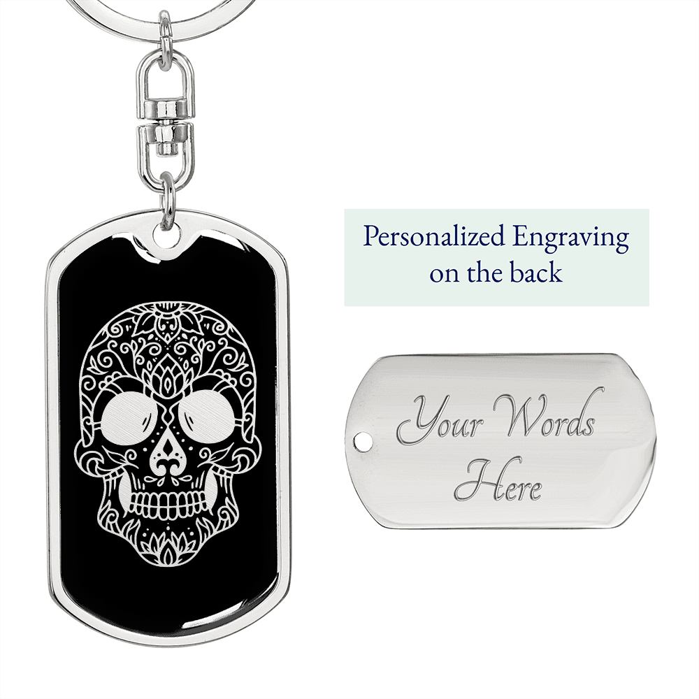 Calavera Mexican Sugar Skull 133 Keychain Stainless Steel or 18k Gold Dog Tag Keyring-Express Your Love Gifts