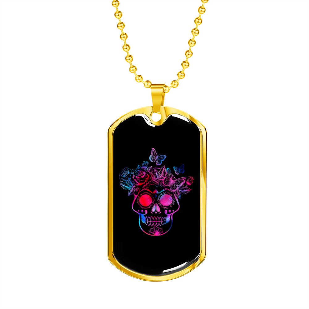 Calavera Mexican Sugar Skull 135 Color Necklace Stainless Steel or 18k Gold Dog Tag 24" Chain-Express Your Love Gifts