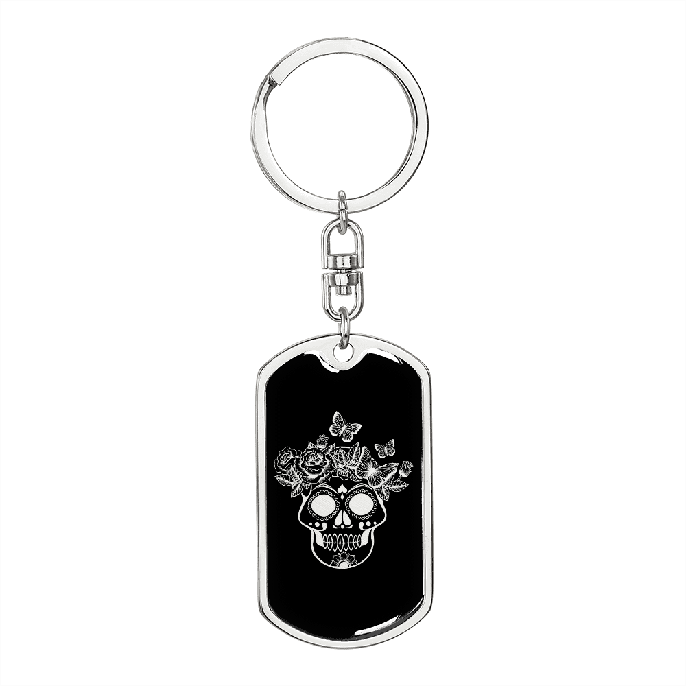 Calavera Mexican Sugar Skull 135 Keychain Stainless Steel or 18k Gold Dog Tag Keyring-Express Your Love Gifts