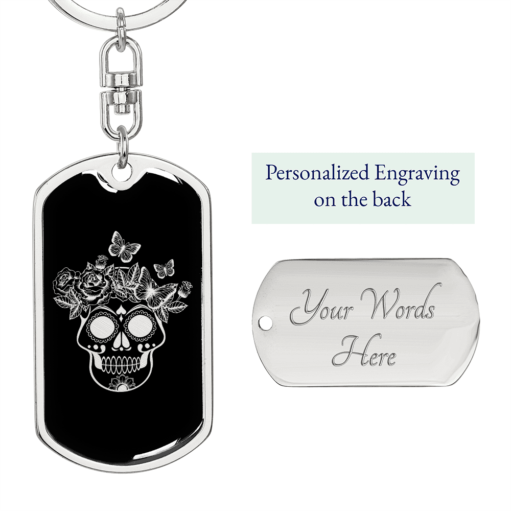 Calavera Mexican Sugar Skull 135 Keychain Stainless Steel or 18k Gold Dog Tag Keyring-Express Your Love Gifts