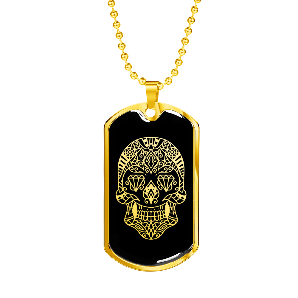 Calavera Mexican Sugar Skull 136 Necklace Stainless Steel or 18k Gold Dog Tag 24" Chain-Express Your Love Gifts