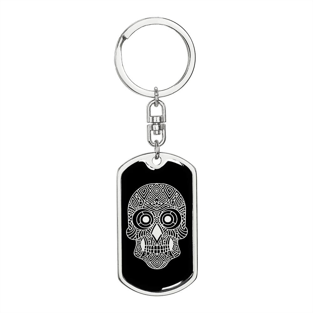 Calavera Mexican Sugar Skull 137 Keychain Stainless Steel or 18k Gold Dog Tag Keyring-Express Your Love Gifts