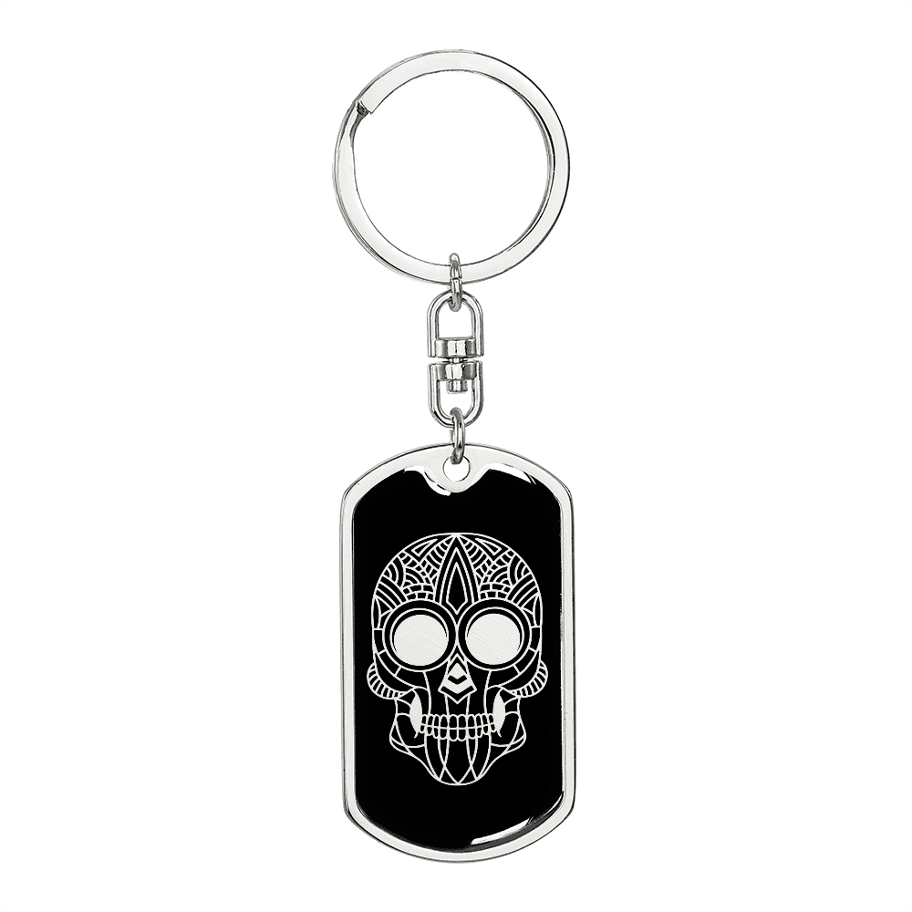 Calavera Mexican Sugar Skull 139 Keychain Stainless Steel or 18k Gold Dog Tag Keyring-Express Your Love Gifts