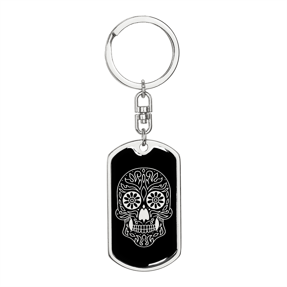 Calavera Mexican Sugar Skull 140 Keychain Stainless Steel or 18k Gold Dog Tag Keyring-Express Your Love Gifts