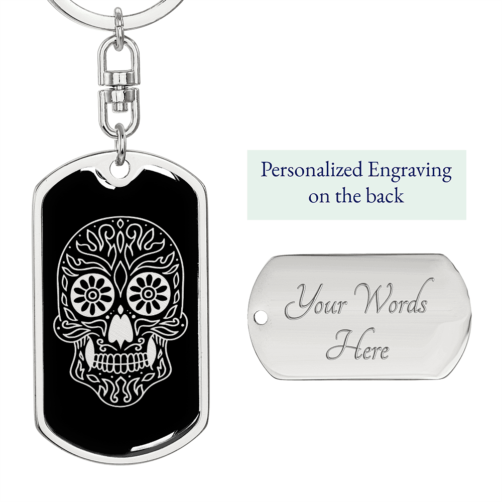 Calavera Mexican Sugar Skull 140 Keychain Stainless Steel or 18k Gold Dog Tag Keyring-Express Your Love Gifts