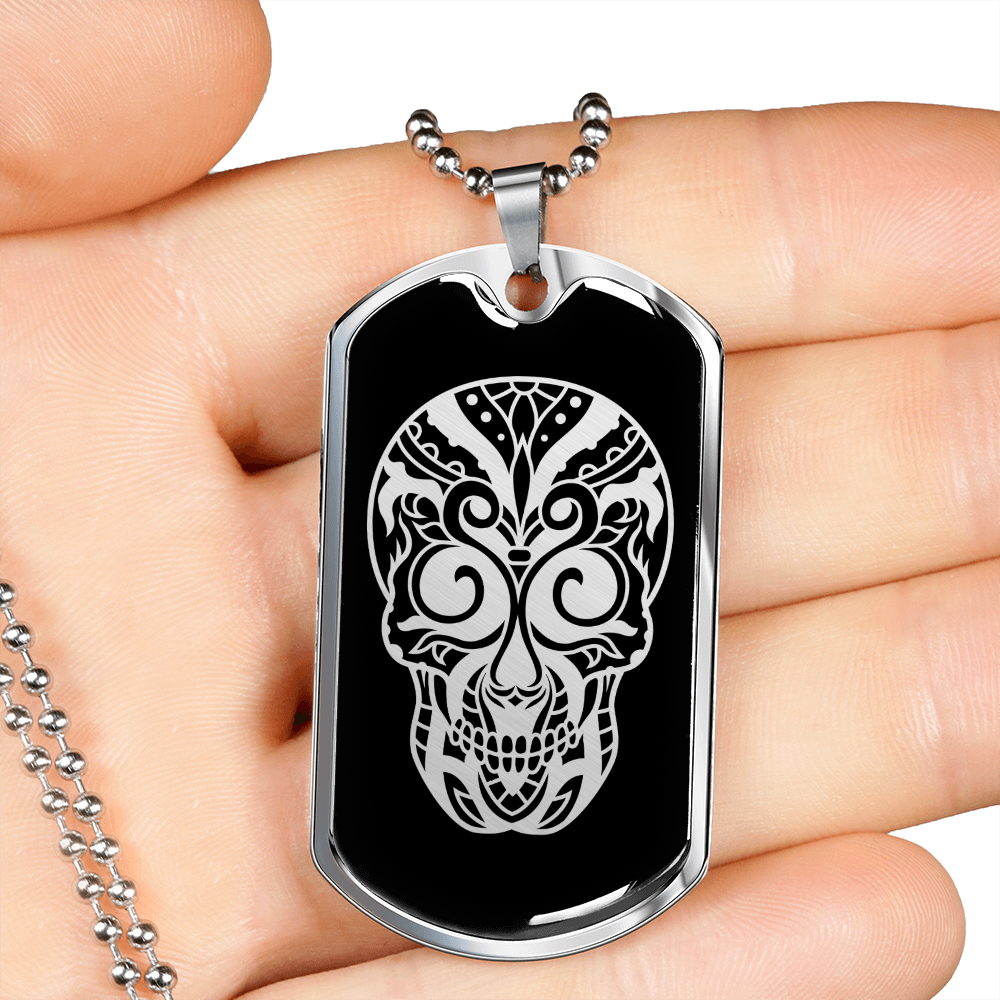 Calavera Mexican Sugar Skull 141 Necklace Stainless Steel or 18k Gold Dog Tag 24" Chain-Express Your Love Gifts