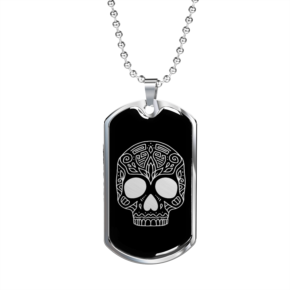 Calavera Mexican Sugar Skull 143 Necklace Stainless Steel or 18k Gold Dog Tag 24" Chain-Express Your Love Gifts