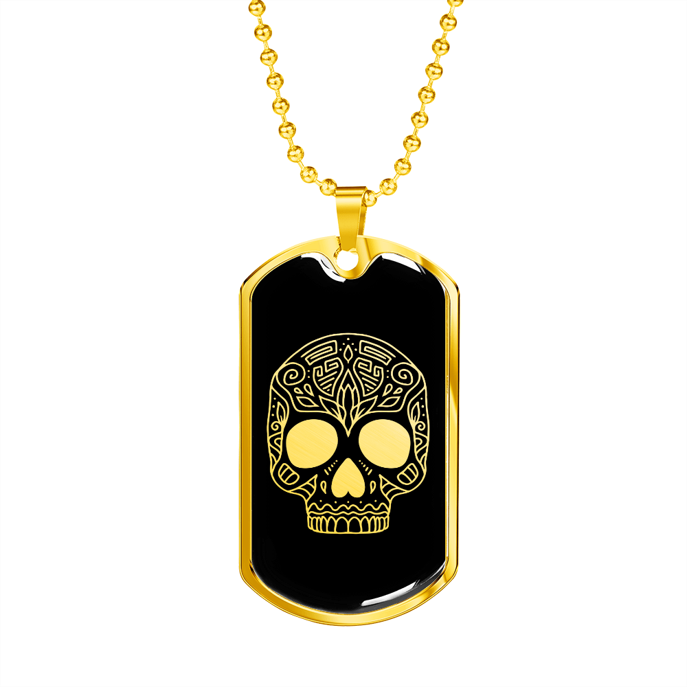 Calavera Mexican Sugar Skull 143 Necklace Stainless Steel or 18k Gold Dog Tag 24" Chain-Express Your Love Gifts