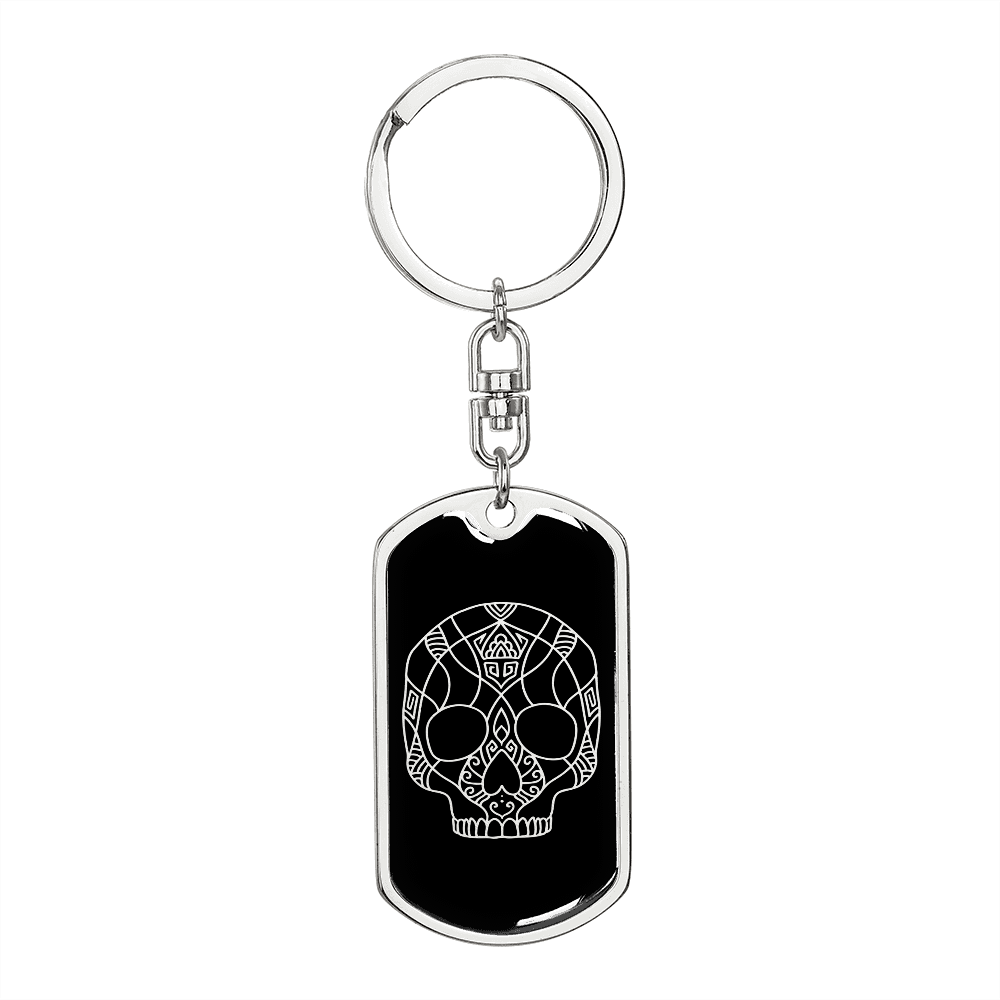 Calavera Mexican Sugar Skull 147 Keychain Stainless Steel or 18k Gold Dog Tag Keyring-Express Your Love Gifts