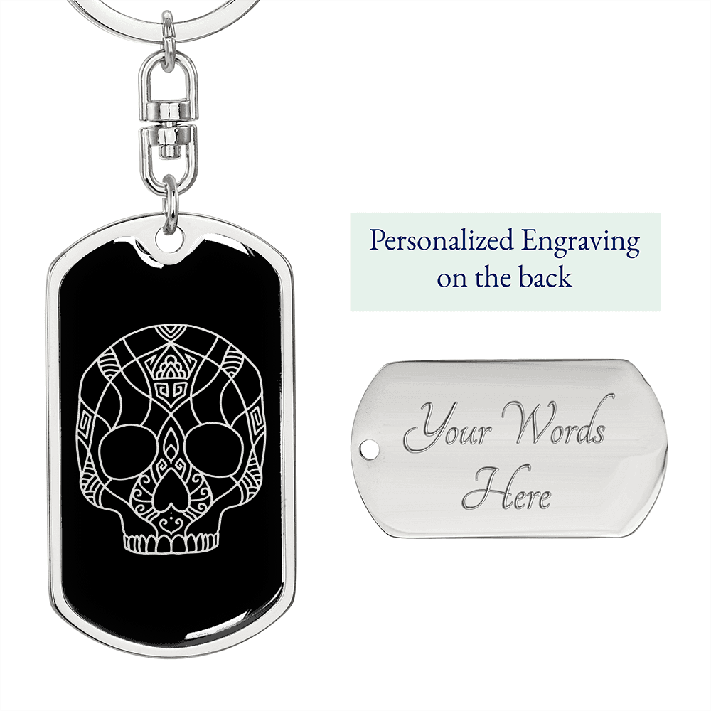 Calavera Mexican Sugar Skull 147 Keychain Stainless Steel or 18k Gold Dog Tag Keyring-Express Your Love Gifts