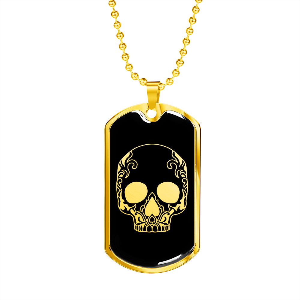 Calavera Mexican Sugar Skull 150 Necklace Stainless Steel or 18k Gold Dog Tag 24" Chain-Express Your Love Gifts