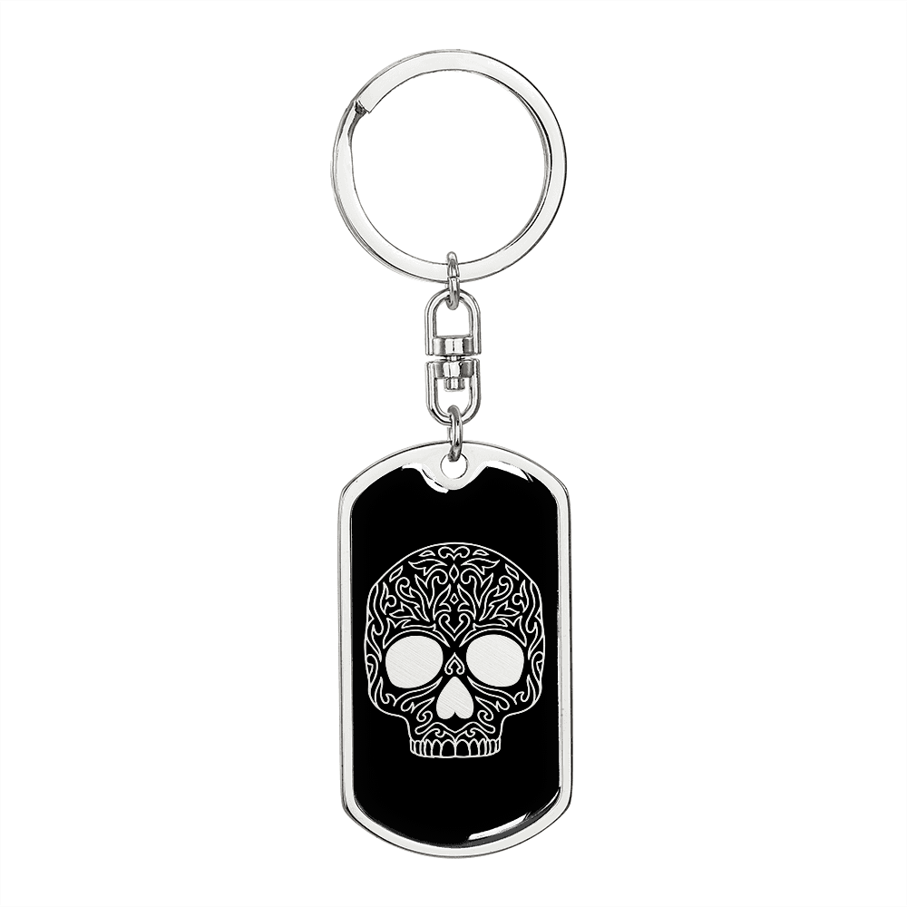 Calavera Mexican Sugar Skull 152 Keychain Stainless Steel or 18k Gold Dog Tag Keyring-Express Your Love Gifts