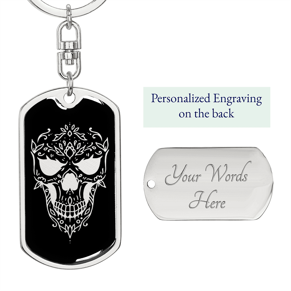Calavera Mexican Sugar Skull 156 Keychain Stainless Steel or 18k Gold Dog Tag Keyring-Express Your Love Gifts