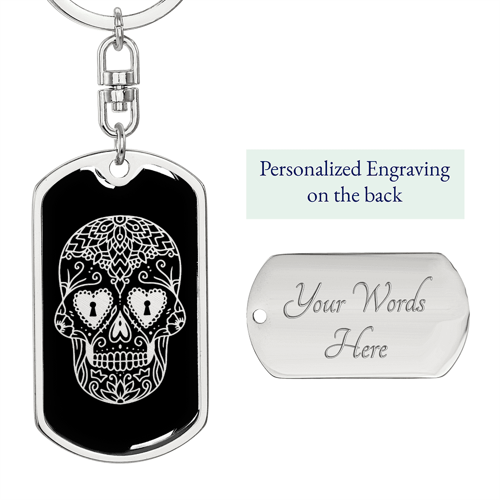 Calavera Mexican Sugar Skull 16 Keychain Stainless Steel or 18k Gold Dog Tag Keyring-Express Your Love Gifts