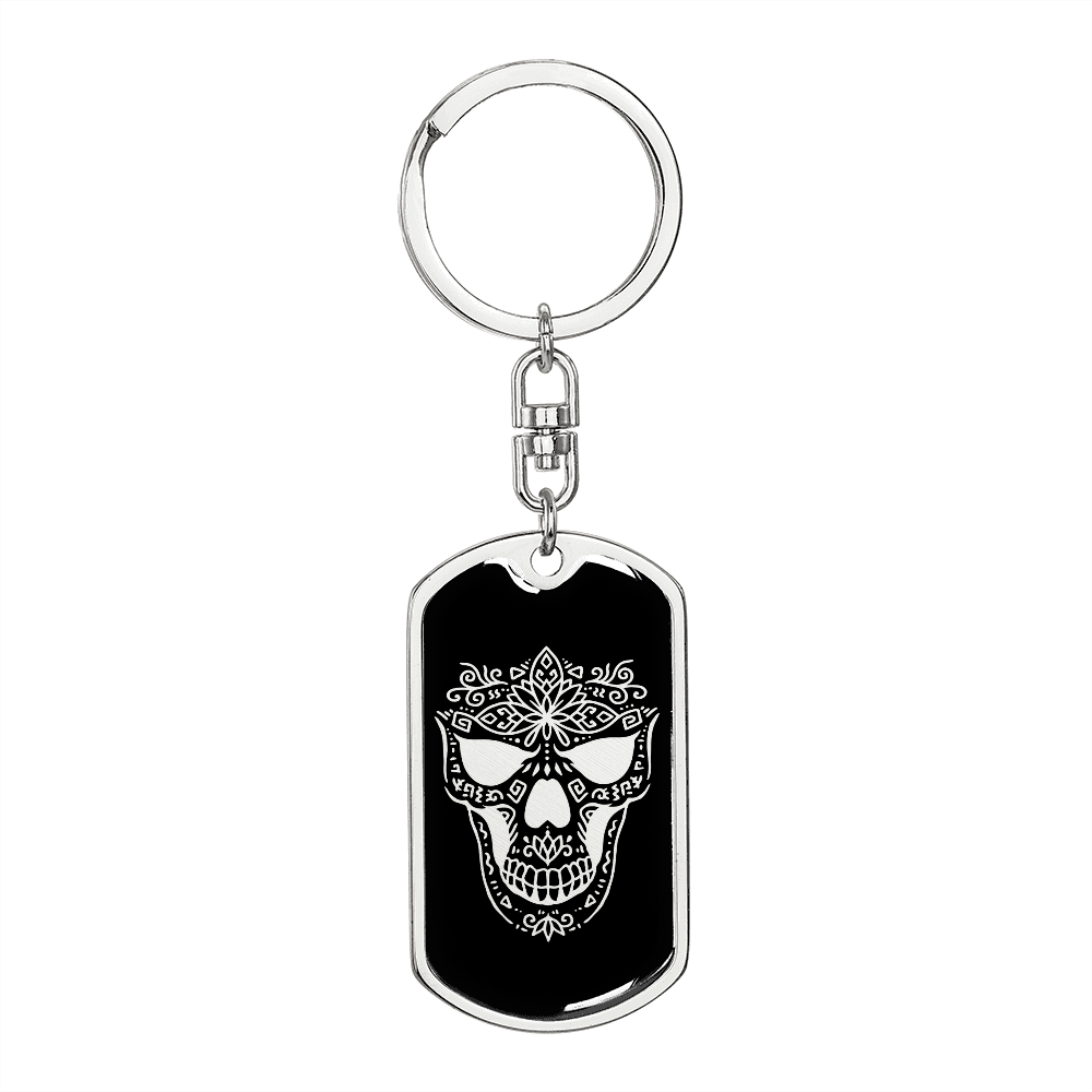 Calavera Mexican Sugar Skull 167 Keychain Stainless Steel or 18k Gold Dog Tag Keyring-Express Your Love Gifts