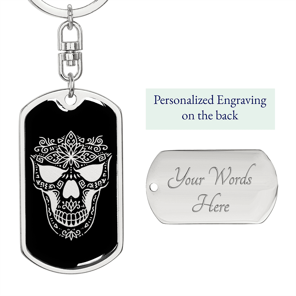 Calavera Mexican Sugar Skull 167 Keychain Stainless Steel or 18k Gold Dog Tag Keyring-Express Your Love Gifts