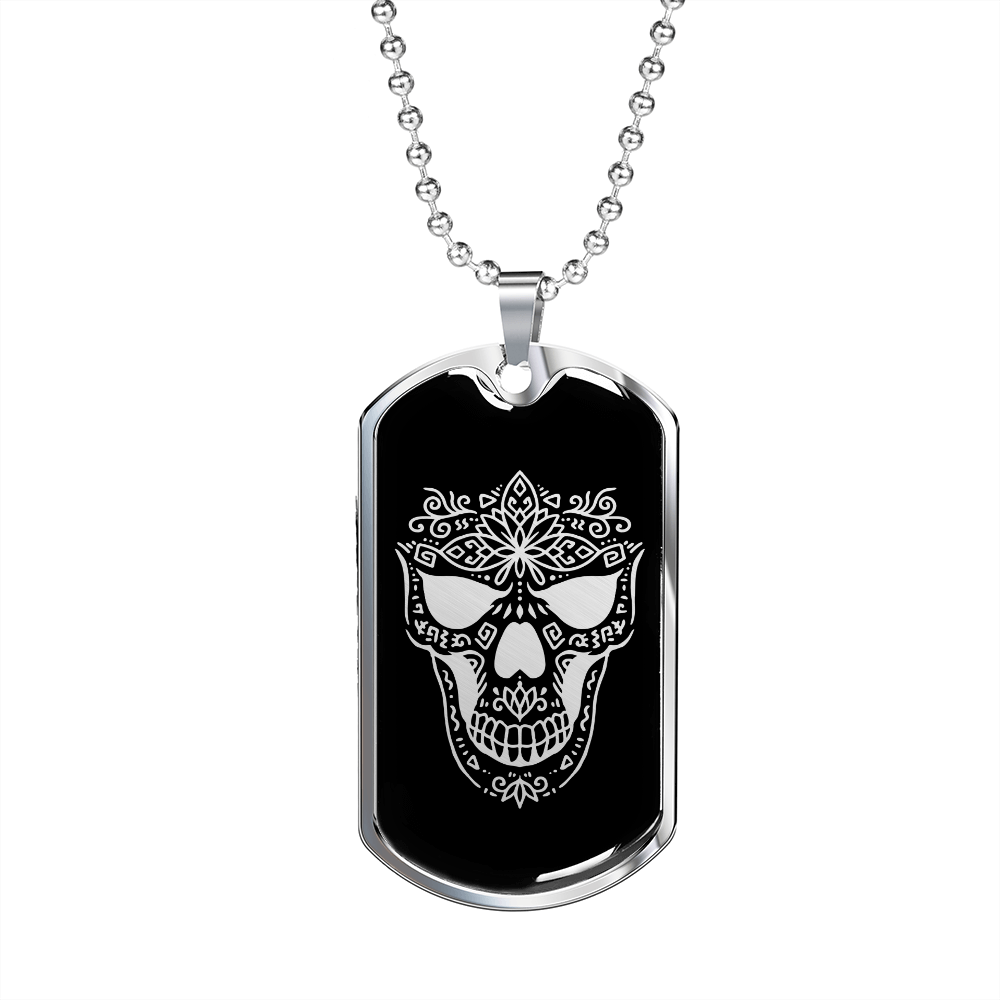 Calavera Mexican Sugar Skull 167 Necklace Stainless Steel or 18k Gold Dog Tag 24" Chain-Express Your Love Gifts