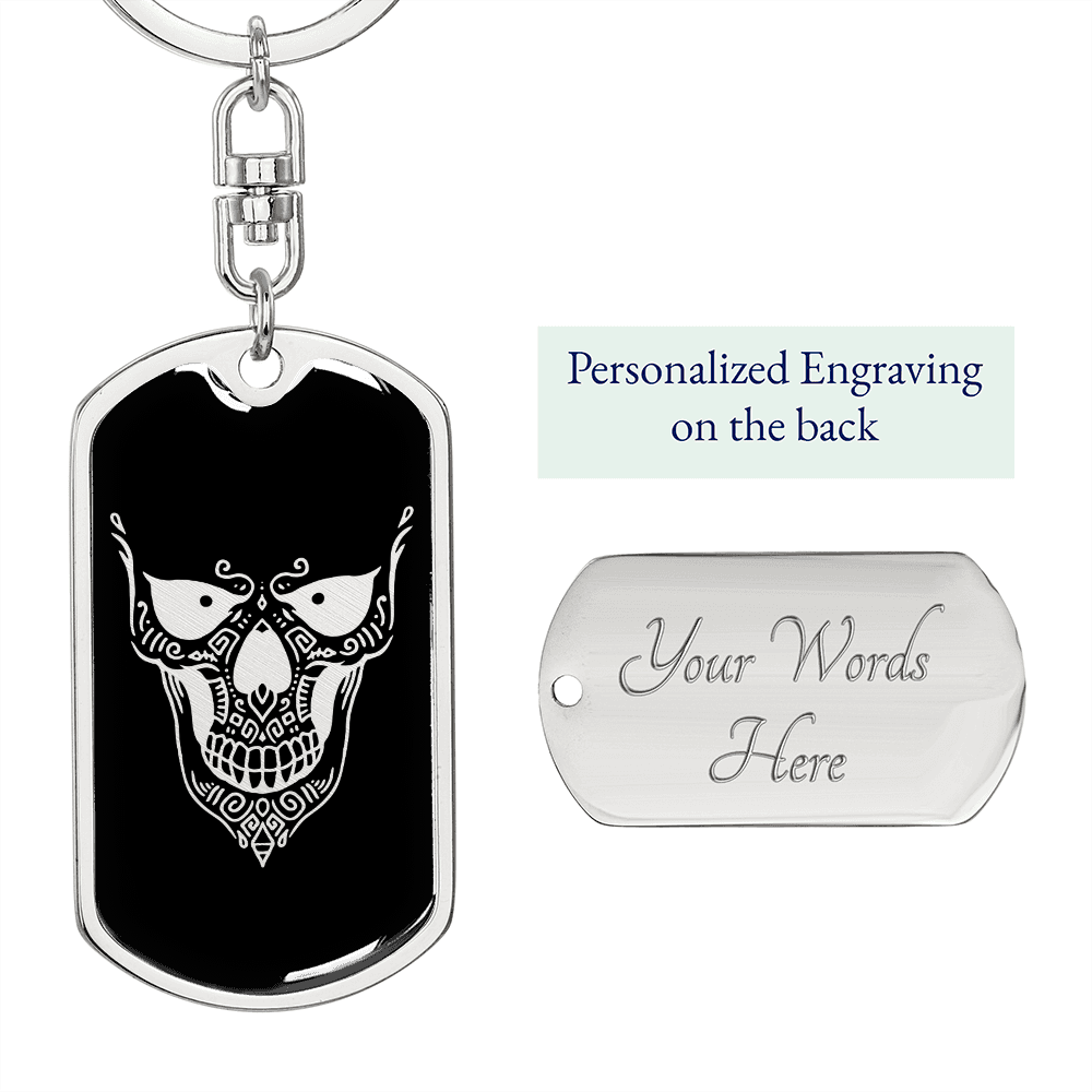 Calavera Mexican Sugar Skull 168 Keychain Stainless Steel or 18k Gold Dog Tag Keyring-Express Your Love Gifts