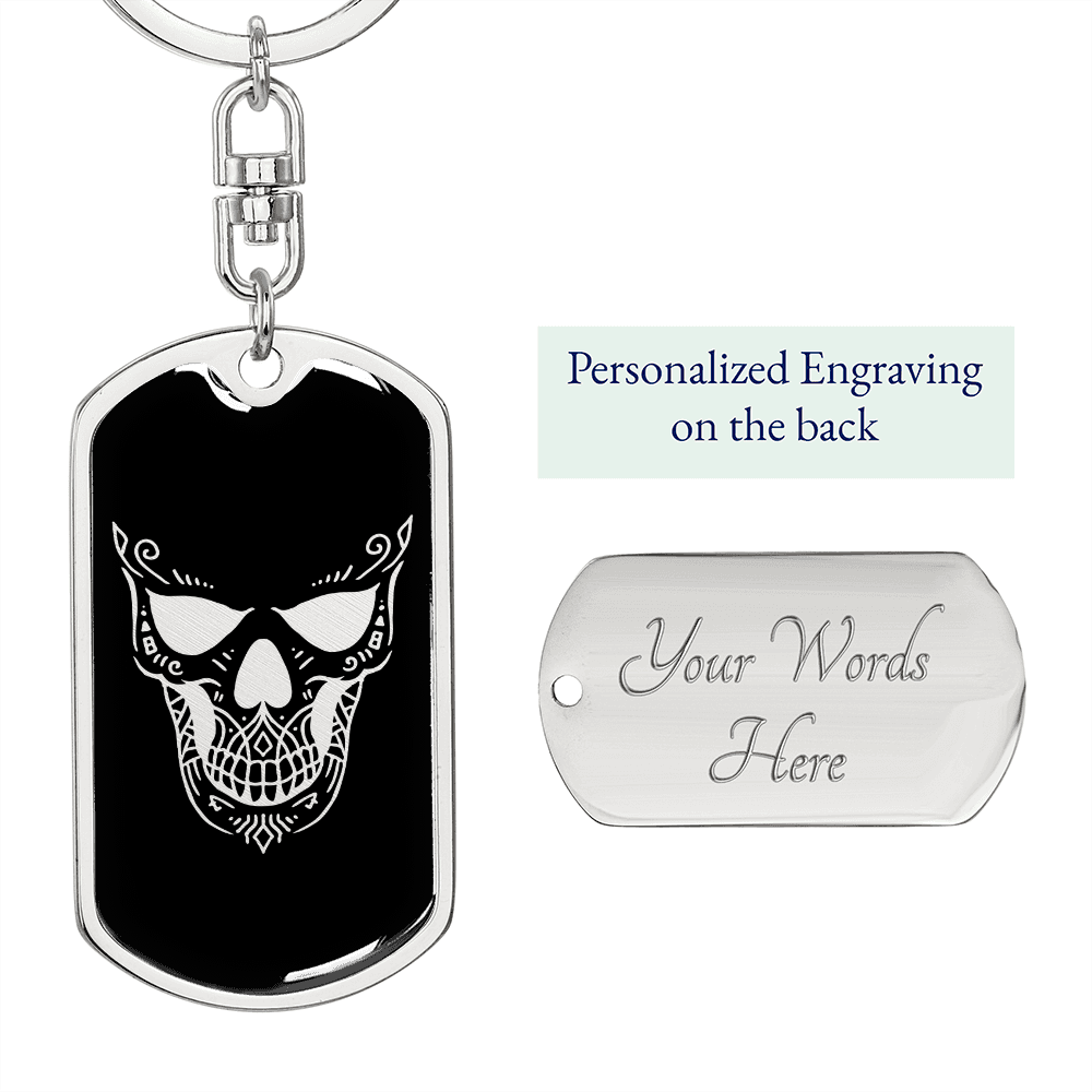 Calavera Mexican Sugar Skull 169 Keychain Stainless Steel or 18k Gold Dog Tag Keyring-Express Your Love Gifts