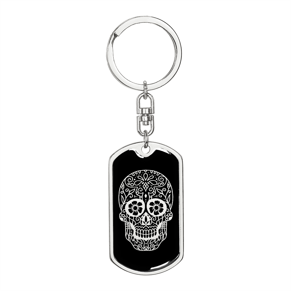 Calavera Mexican Sugar Skull 171 Keychain Stainless Steel or 18k Gold Dog Tag Keyring-Express Your Love Gifts