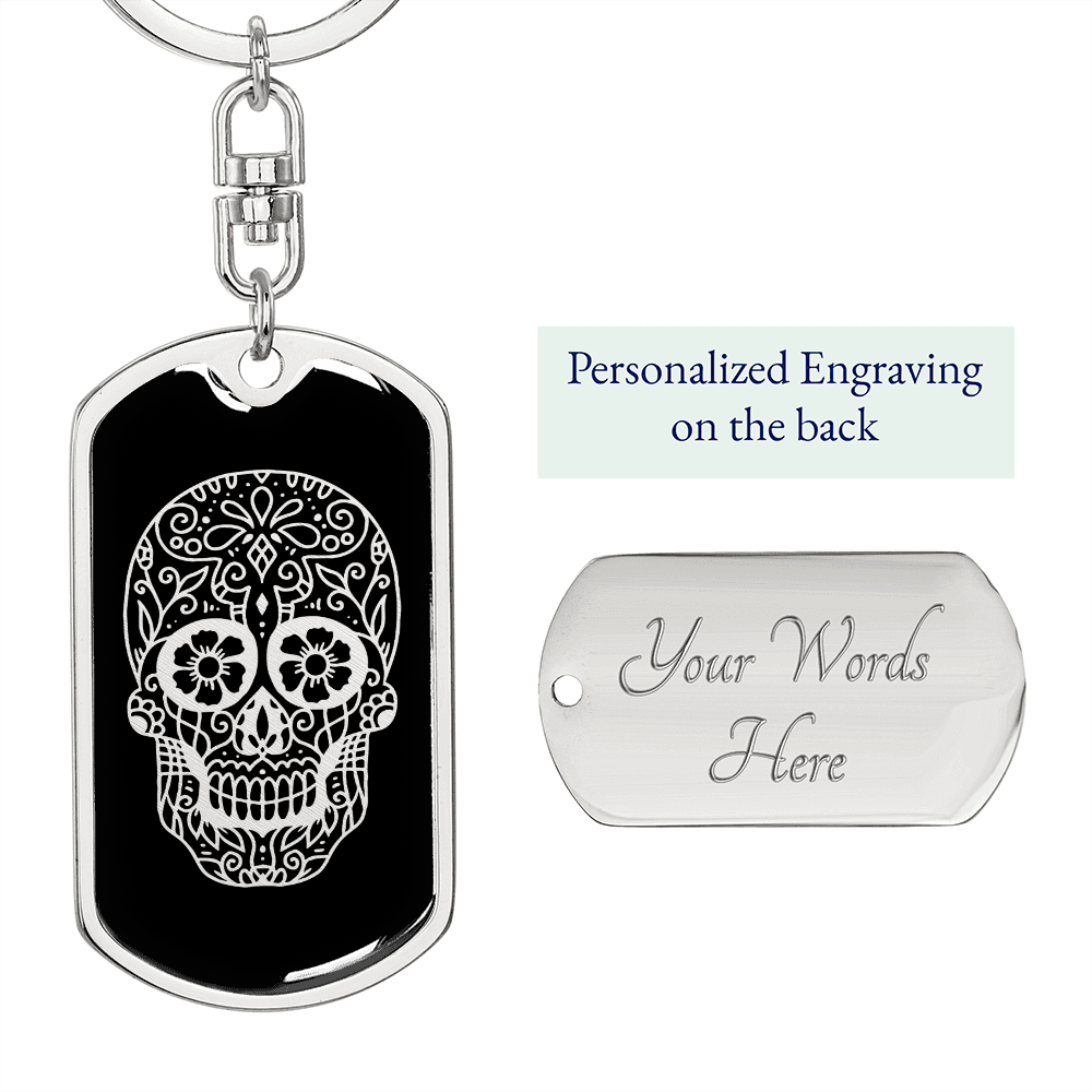 Calavera Mexican Sugar Skull 171 Keychain Stainless Steel or 18k Gold Dog Tag Keyring-Express Your Love Gifts