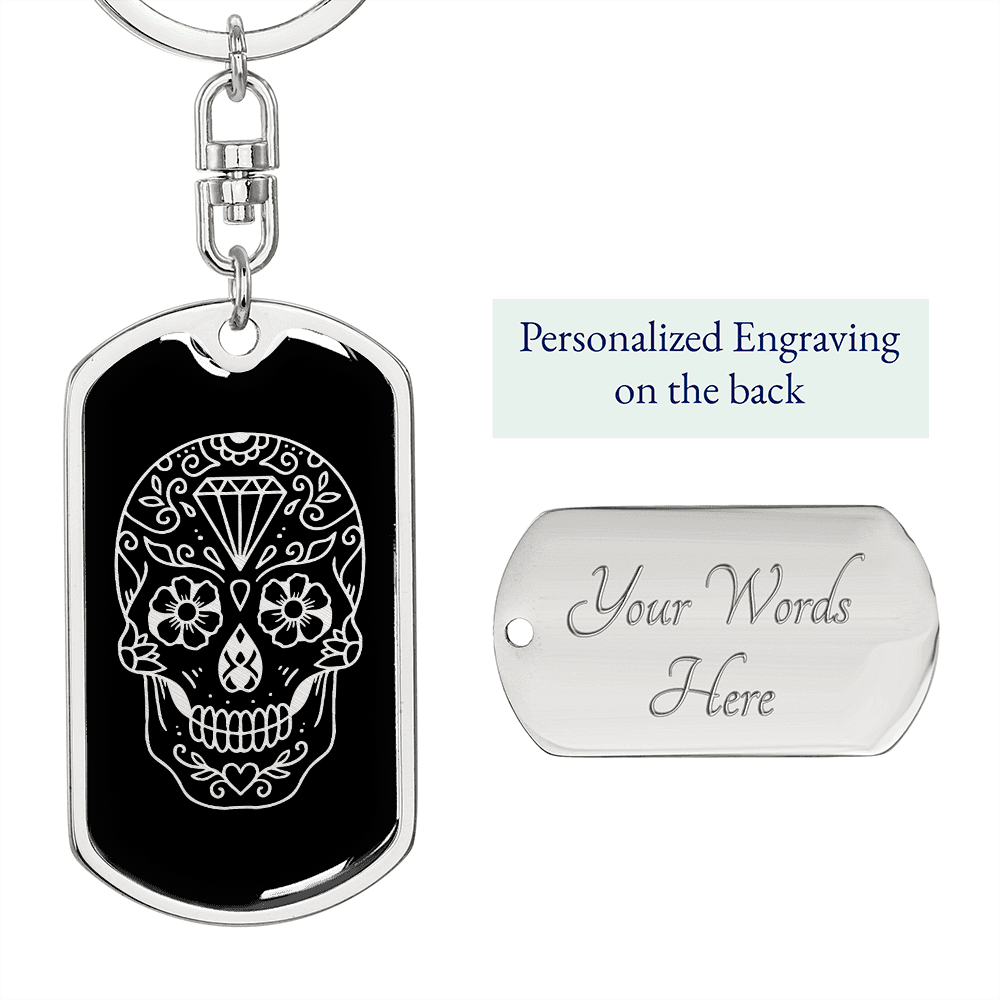 Calavera Mexican Sugar Skull 179 Keychain Stainless Steel or 18k Gold Dog Tag Keyring-Express Your Love Gifts