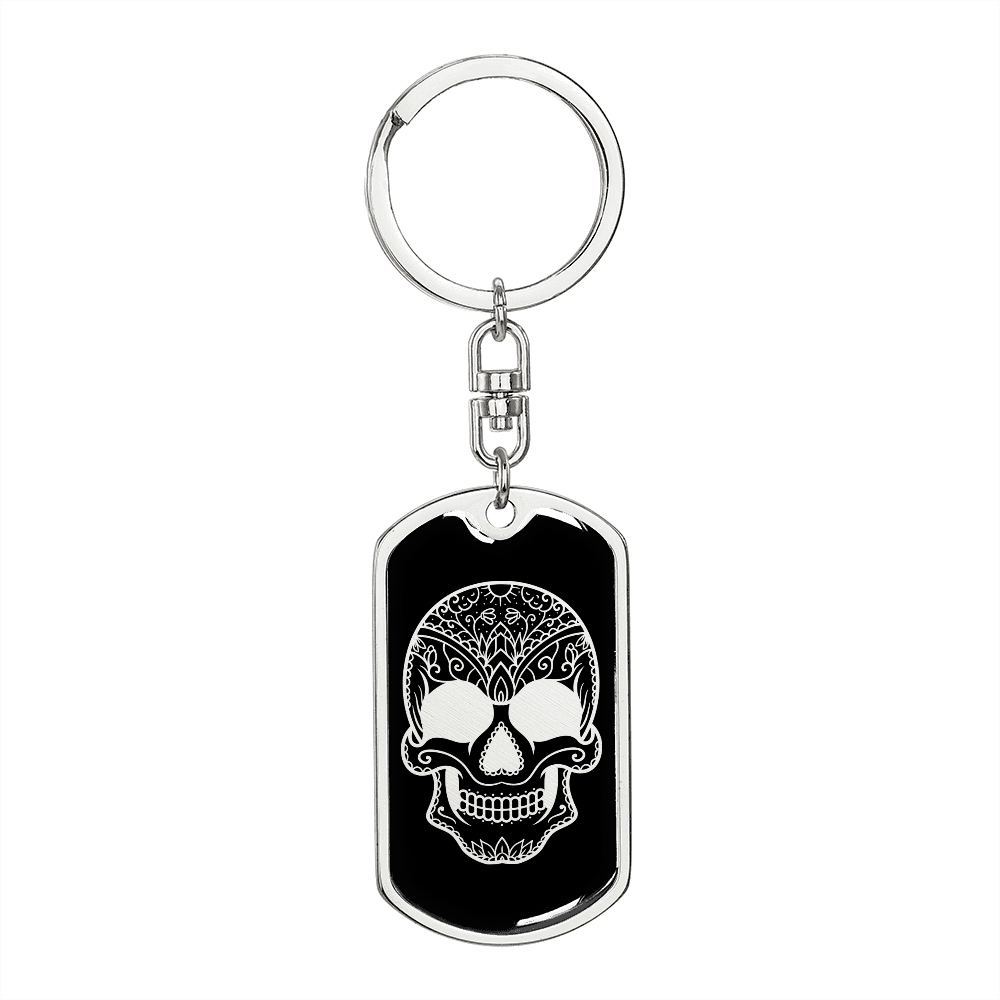 Calavera Mexican Sugar Skull 18 Keychain Stainless Steel or 18k Gold Dog Tag Keyring-Express Your Love Gifts