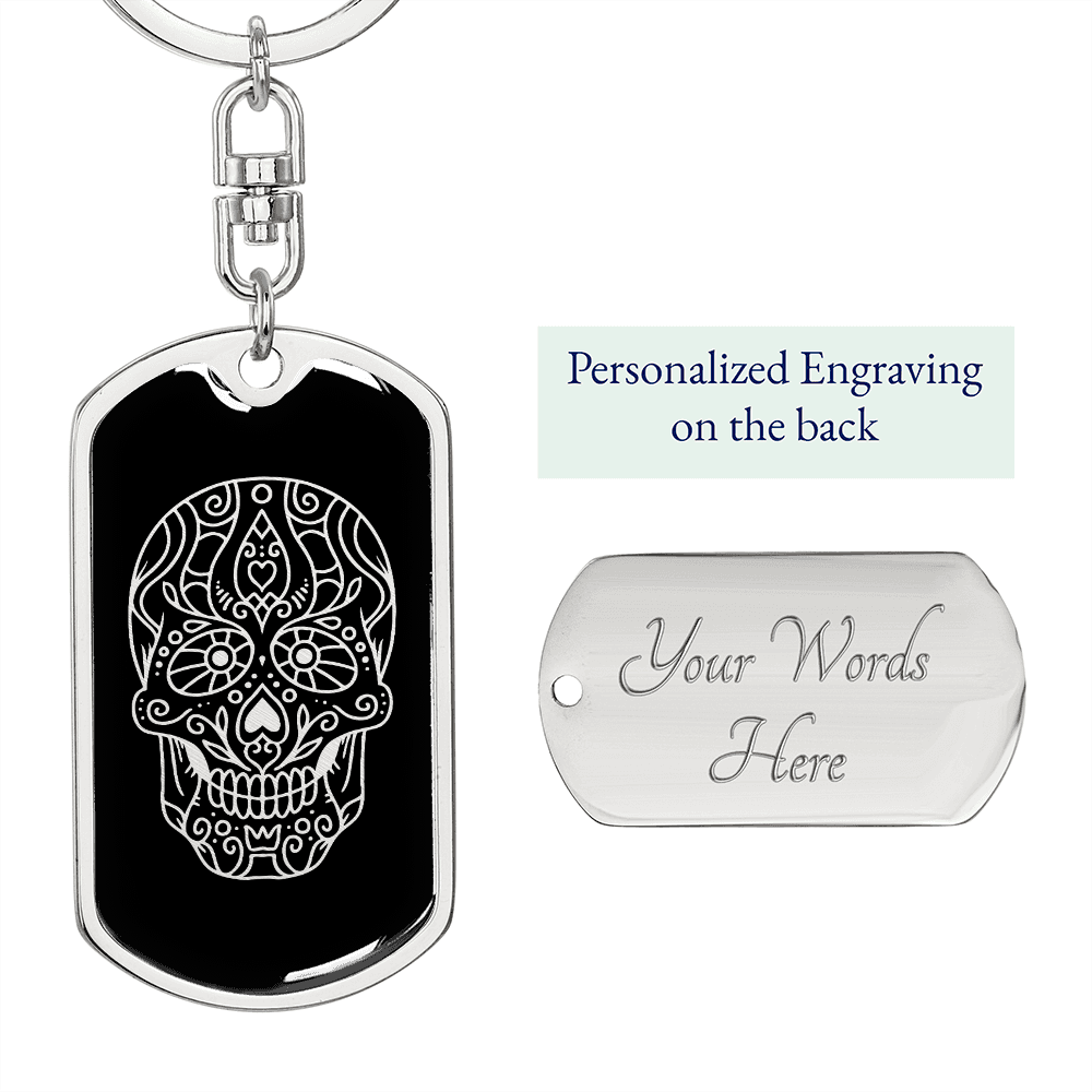 Calavera Mexican Sugar Skull 180 Keychain Stainless Steel or 18k Gold Dog Tag Keyring-Express Your Love Gifts