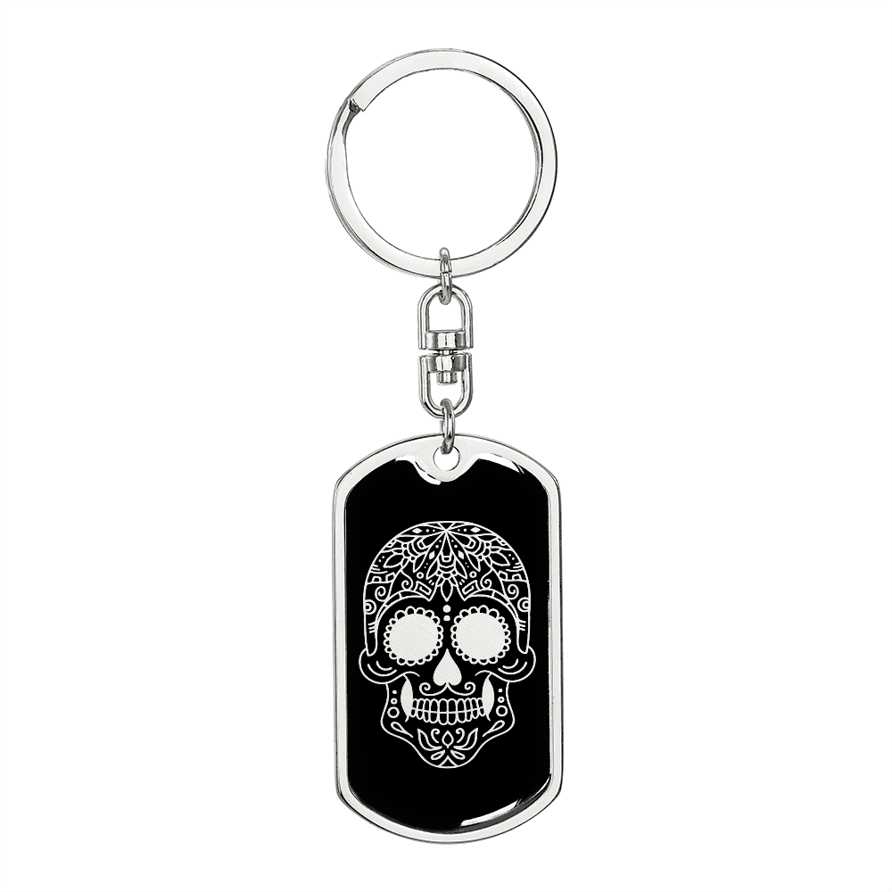 Calavera Mexican Sugar Skull 183 Keychain Stainless Steel or 18k Gold Dog Tag Keyring-Express Your Love Gifts