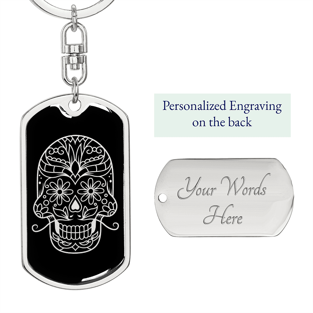 Calavera Mexican Sugar Skull 186 Keychain Stainless Steel or 18k Gold Dog Tag Keyring-Express Your Love Gifts