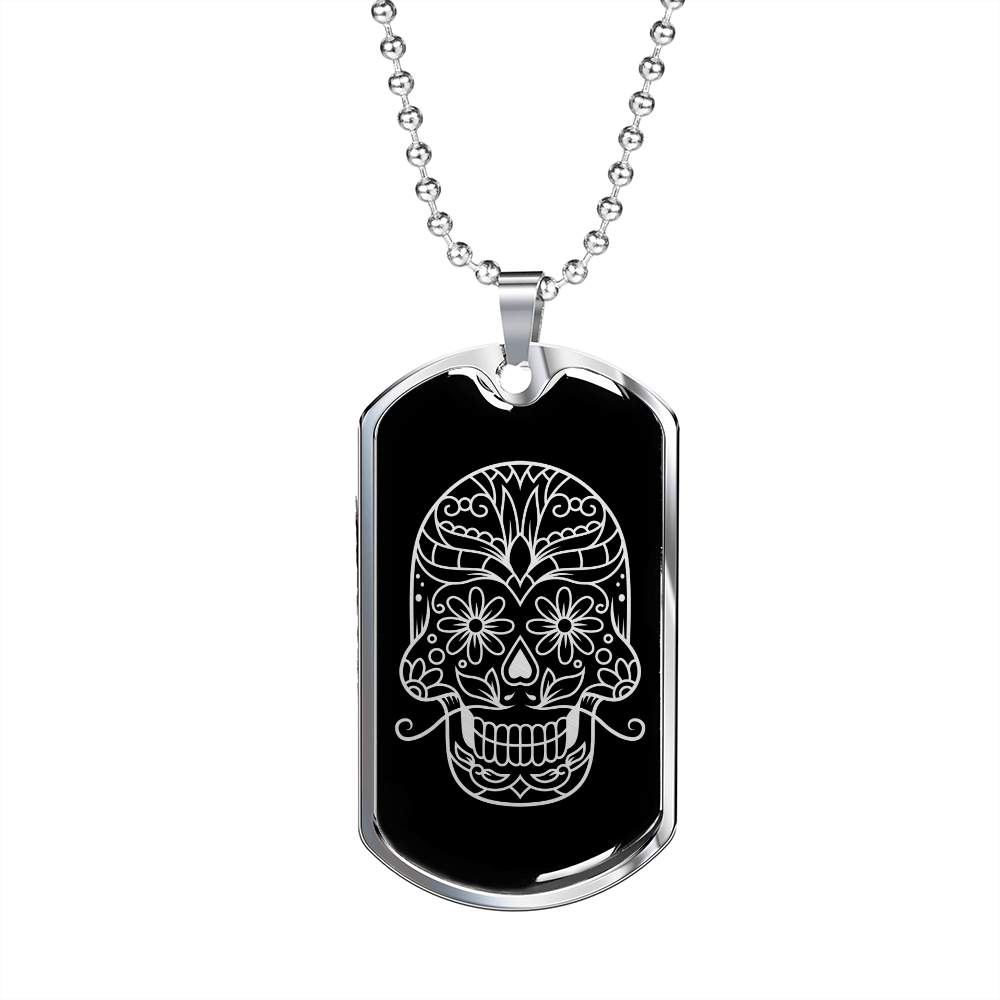 Calavera Mexican Sugar Skull 186 Necklace Stainless Steel or 18k Gold Dog Tag 24" Chain-Express Your Love Gifts