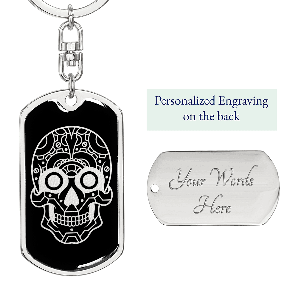 Calavera Mexican Sugar Skull 19 Keychain Stainless Steel or 18k Gold Dog Tag Keyring-Express Your Love Gifts