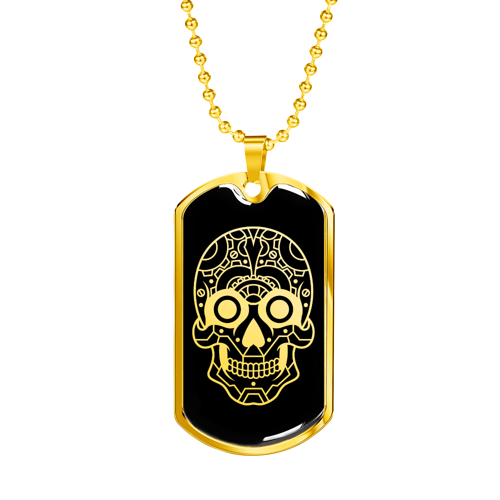 Calavera Mexican Sugar Skull 19 Necklace Stainless Steel or 18k Gold Dog Tag 24" Chain-Express Your Love Gifts