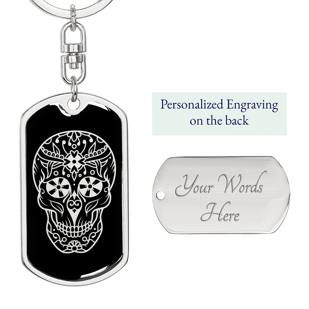 Calavera Mexican Sugar Skull 2 Keychain Stainless Steel or 18k Gold Dog Tag Keyring-Express Your Love Gifts