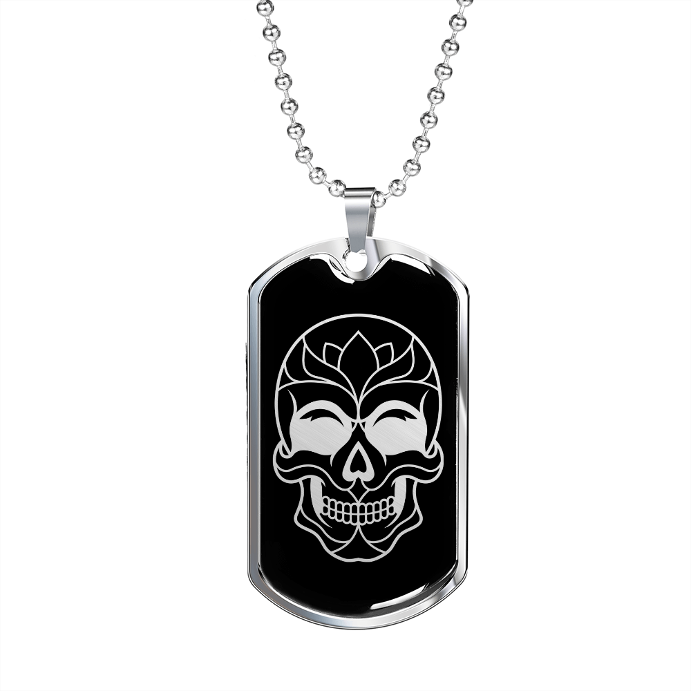 Calavera Mexican Sugar Skull 21 Necklace Stainless Steel or 18k Gold Dog Tag 24" Chain-Express Your Love Gifts