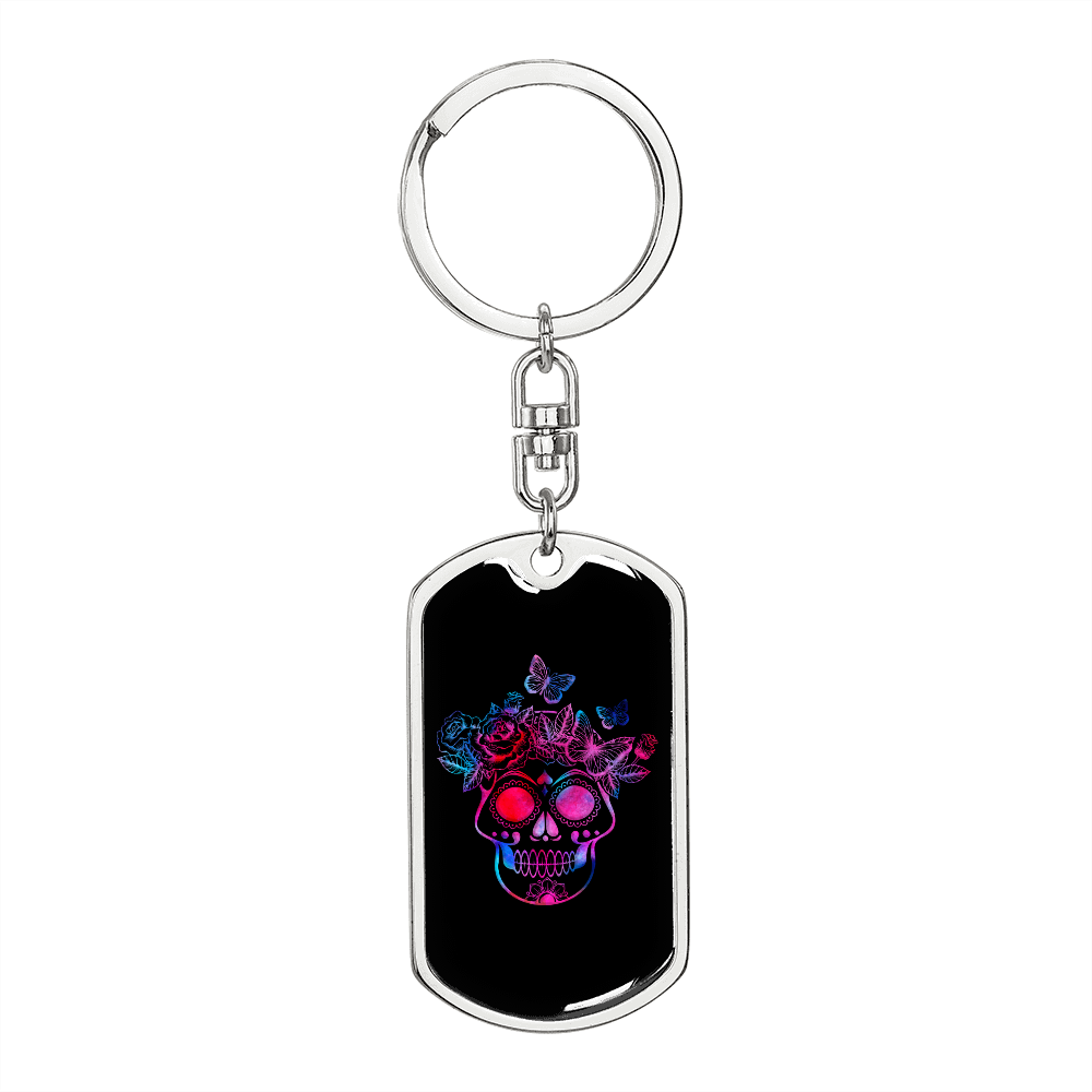 Calavera Mexican Sugar Skull 22 Colored Keychain Stainless Steel or 18k Gold Dog Tag Keyring-Express Your Love Gifts