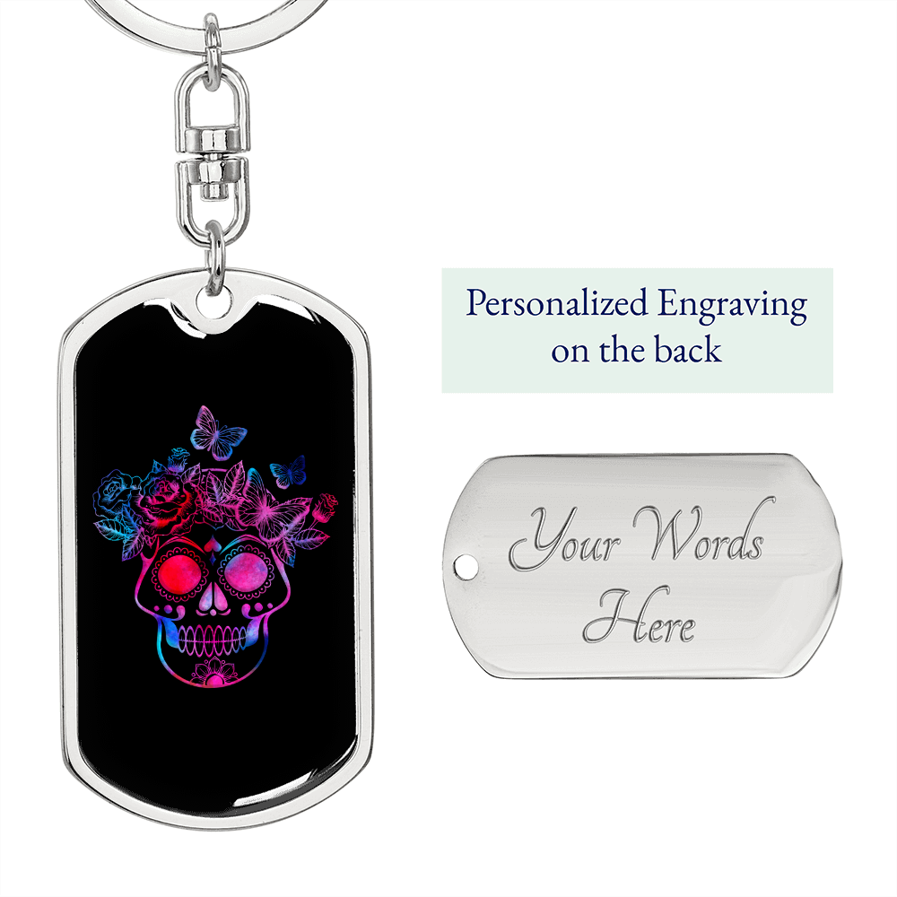 Calavera Mexican Sugar Skull 22 Colored Keychain Stainless Steel or 18k Gold Dog Tag Keyring-Express Your Love Gifts