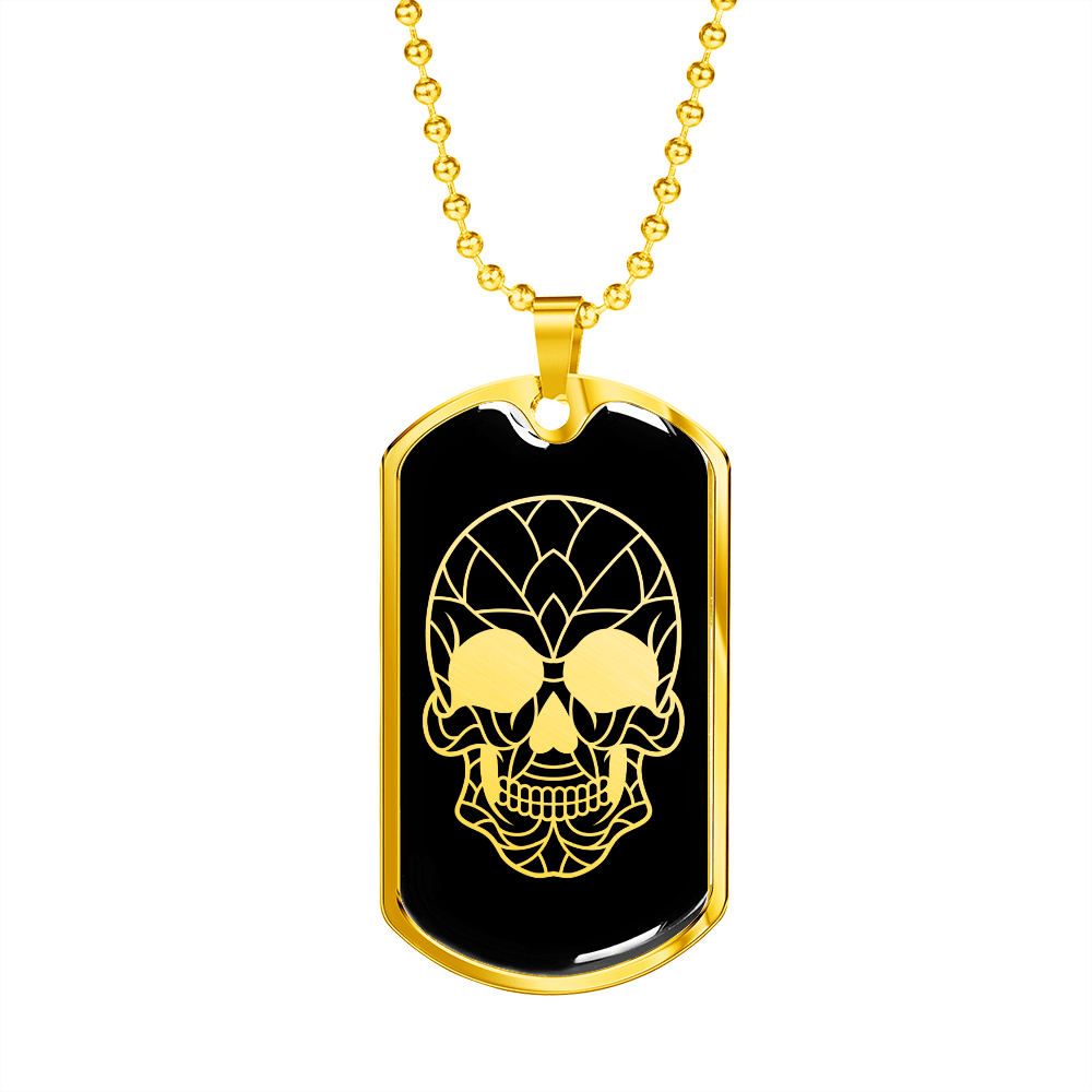 Calavera Mexican Sugar Skull 23 Necklace Stainless Steel or 18k Gold Dog Tag 24" Chain-Express Your Love Gifts