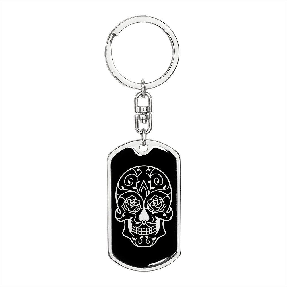 Calavera Mexican Sugar Skull 25 Keychain Stainless Steel or 18k Gold Dog Tag Keyring-Express Your Love Gifts