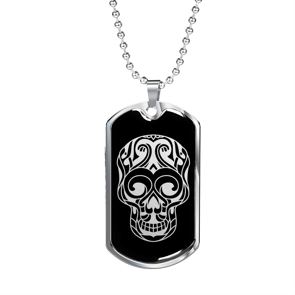 Calavera Mexican Sugar Skull 26 Necklace Stainless Steel or 18k Gold Dog Tag 24" Chain-Express Your Love Gifts