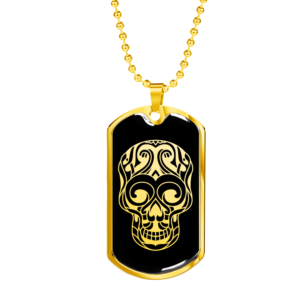 Calavera Mexican Sugar Skull 26 Necklace Stainless Steel or 18k Gold Dog Tag 24" Chain-Express Your Love Gifts